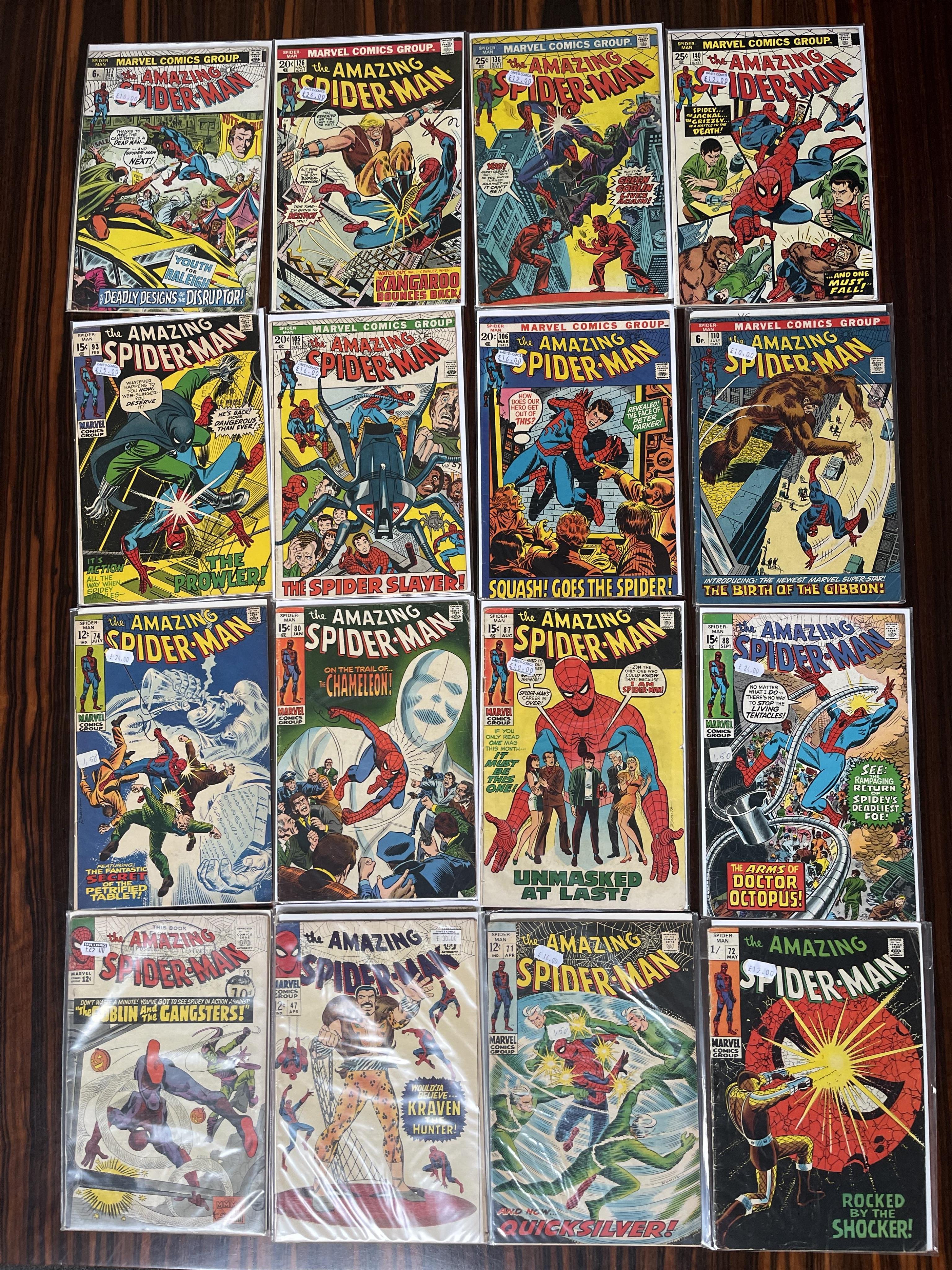 The Amazing Spider-Man, Marvel comics, Vol. 1, 42 issues between #23–247 (includes major key issues: 136A, 141A), comprising, #23 [minor key], #47A x2, #71A, #72B [minor key], #74A [minor key], #80A, #87A, #88, #93A [min